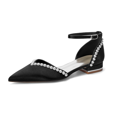 Elegant Flat Heel Silk Like Satin Point Toe Wedding Shoes With Imitation Pearl