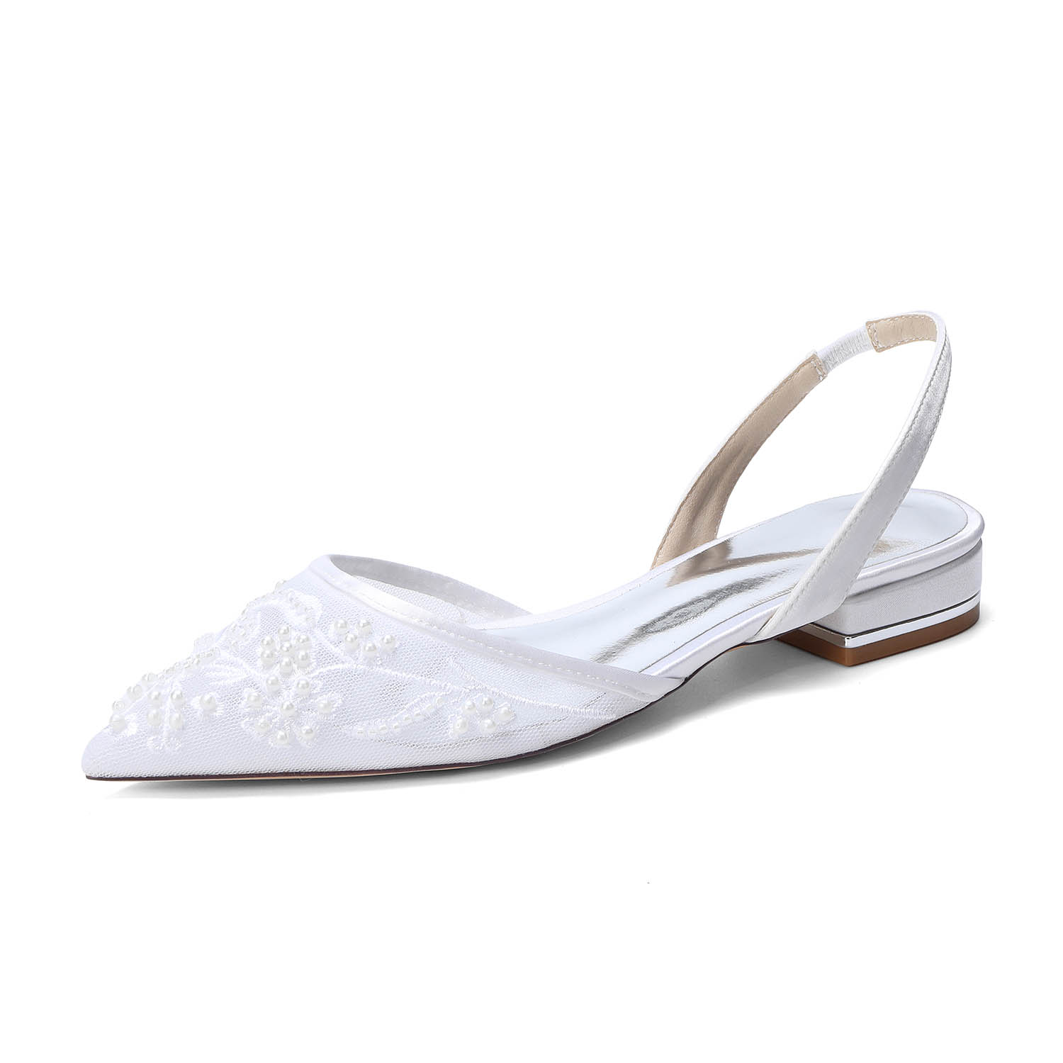 Elegant Flat Heel Lace/Silk Like Satin Point Toe Wedding Shoes With Imitation Pearl/Flower/Beading