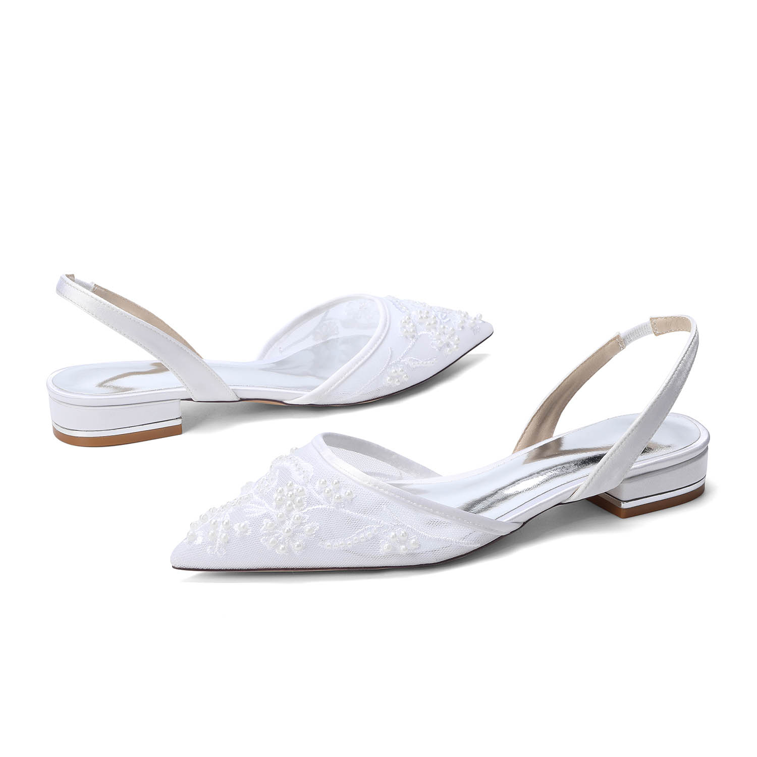 Elegant Flat Heel Lace/Silk Like Satin Point Toe Wedding Shoes With Imitation Pearl/Flower/Beading