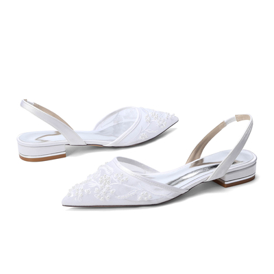 Elegant Flat Heel Lace/Silk Like Satin Point Toe Wedding Shoes With Imitation Pearl/Flower/Beading