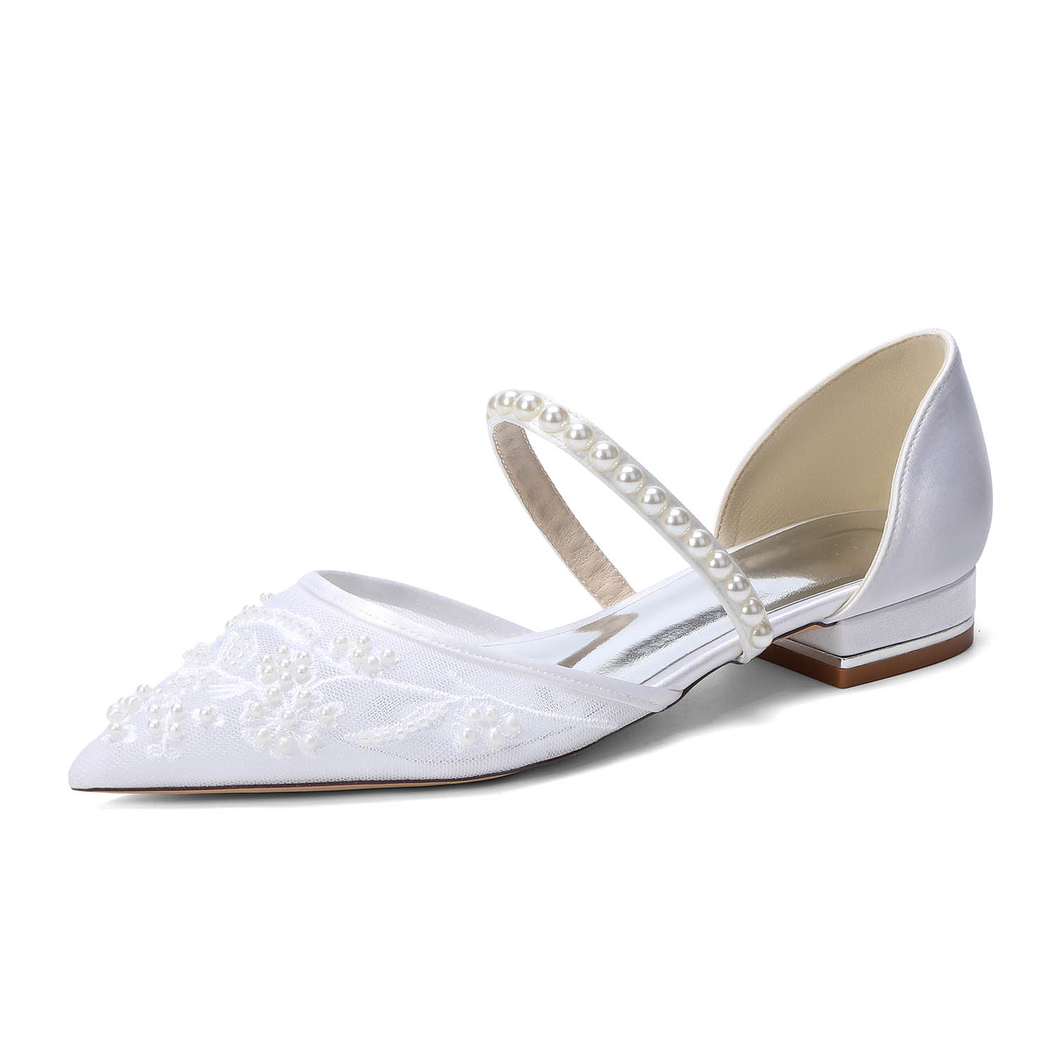 Flat Heel Lace/Silk Like Satin Point Toe Wedding Shoes With Imitation Pearl/Flower/Beading