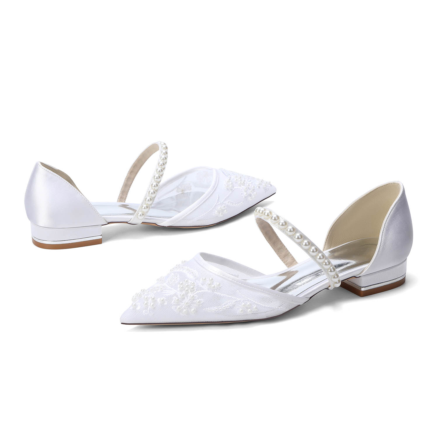 Flat Heel Lace/Silk Like Satin Point Toe Wedding Shoes With Imitation Pearl/Flower/Beading