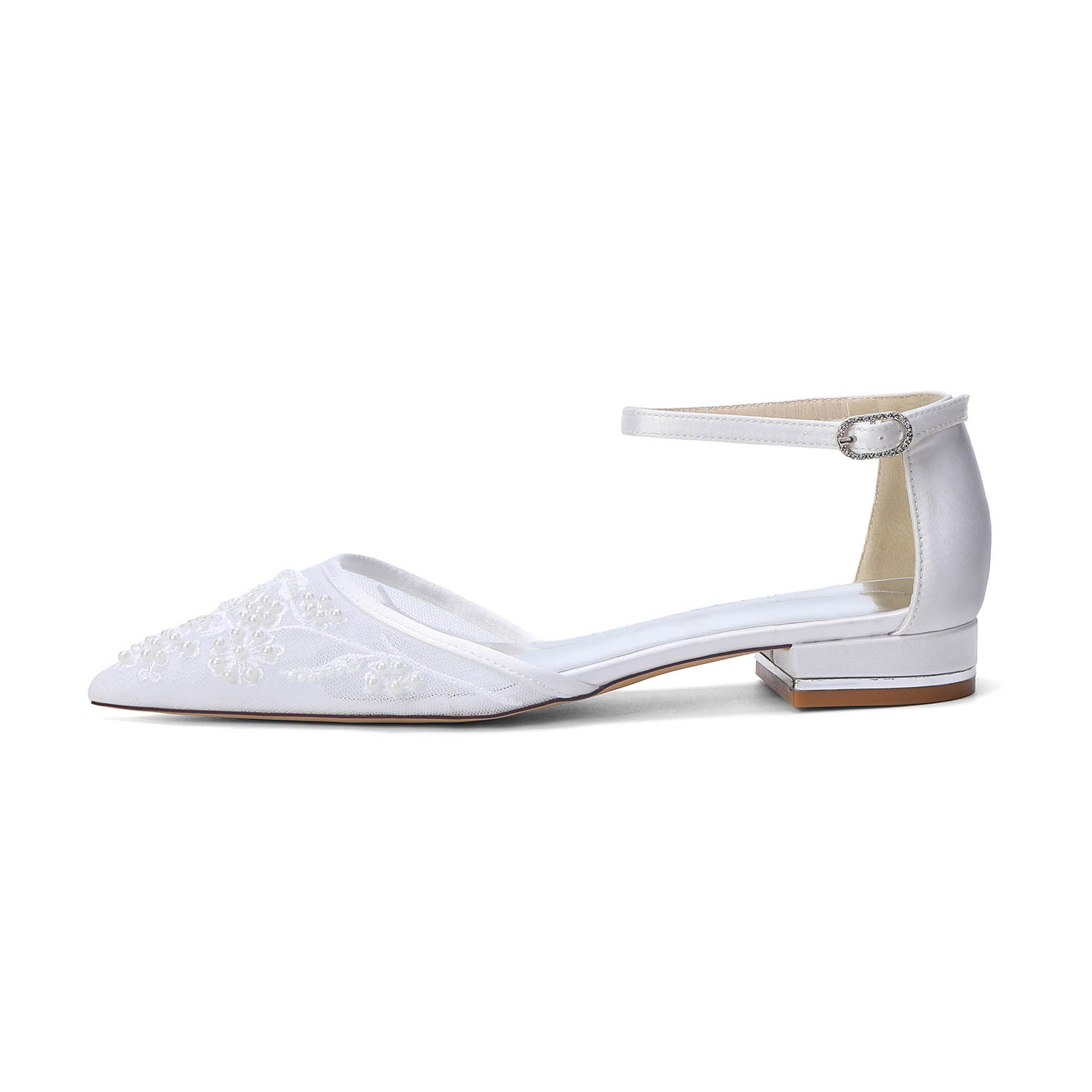 Elegant Flat Heel Lace/Silk Like Satin Point Toe Wedding Shoes With Imitation Pearl/Flower/Beading