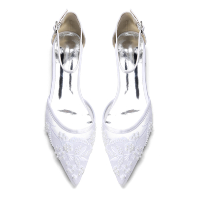 Elegant Flat Heel Lace/Silk Like Satin Point Toe Wedding Shoes With Imitation Pearl/Flower/Beading
