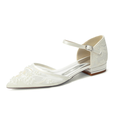 Flat Heel Lace/Silk Like Satin Point Toe Wedding Shoes With Imitation Pearl/Flower/Beading