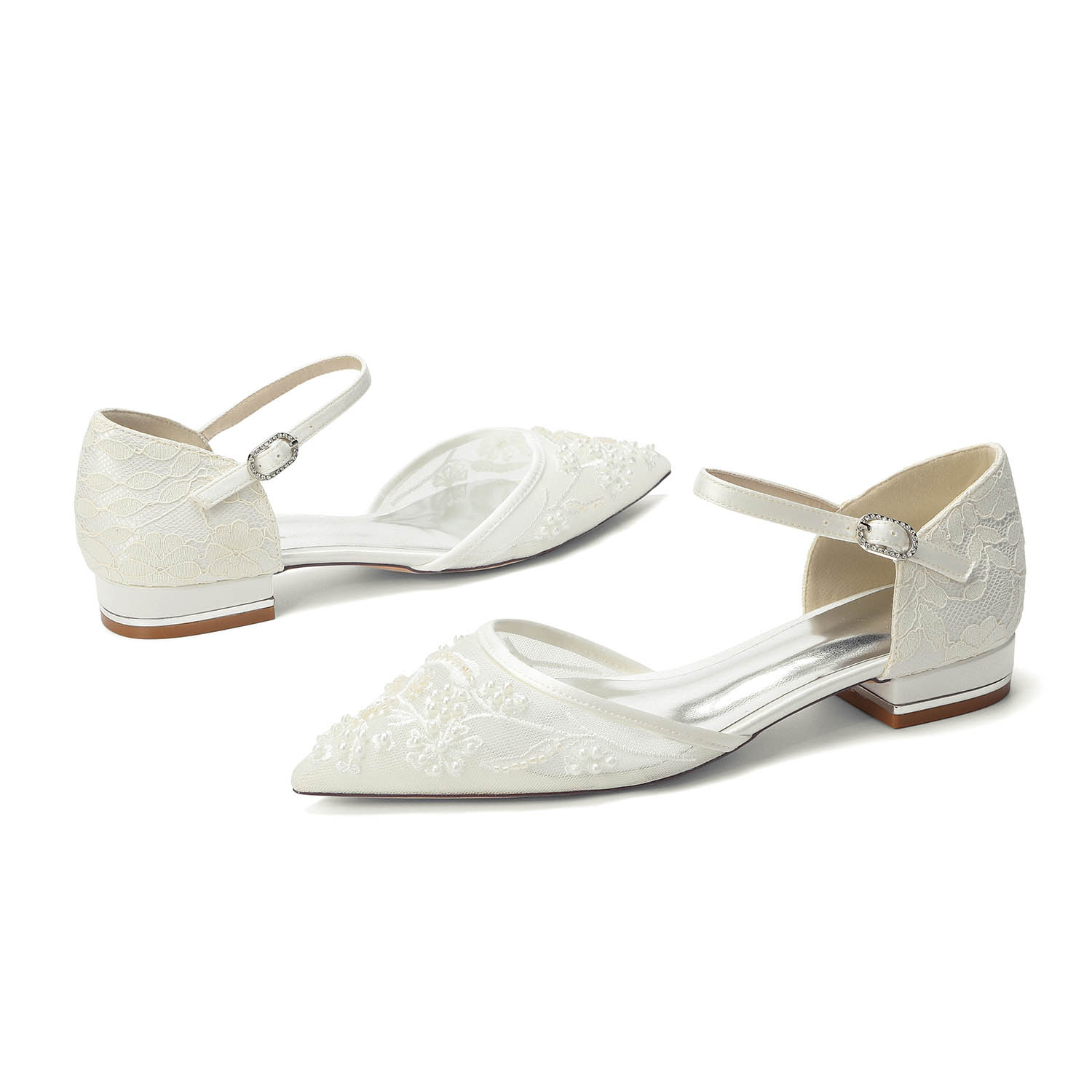 Flat Heel Lace/Silk Like Satin Point Toe Wedding Shoes With Imitation Pearl/Flower/Beading