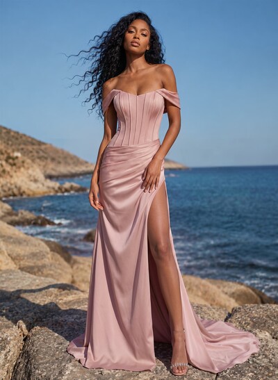 Sheath/Column Off-The-Shoulder Sleeveless Sweep Train Stretch Satin Special Bridesmaid Dresses With High Split