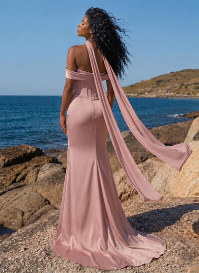 Sheath/Column Off-The-Shoulder Sleeveless Sweep Train Stretch Satin Special Bridesmaid Dresses With High Split