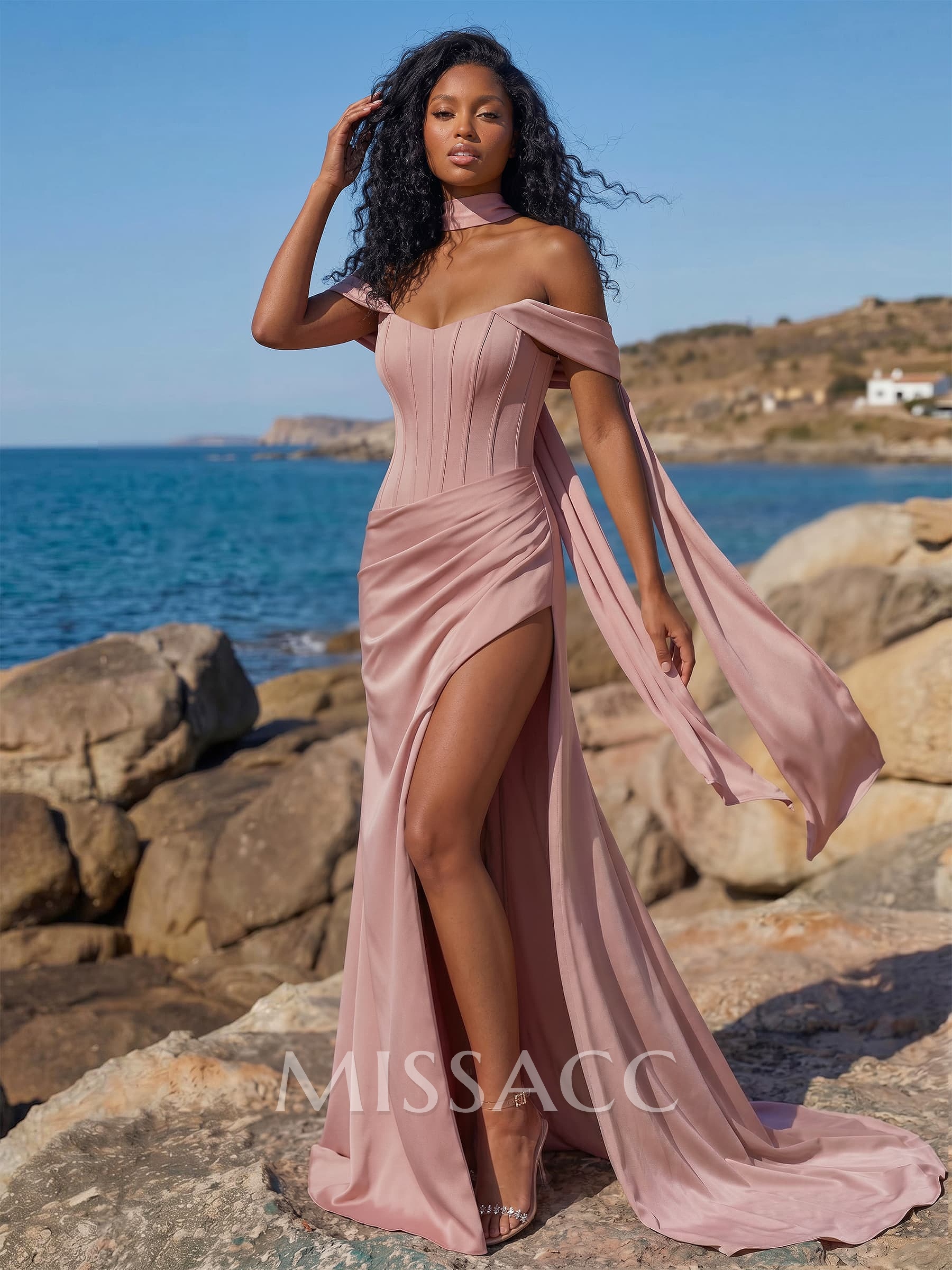 Sheath/Column Off-The-Shoulder Sleeveless Sweep Train Stretch Satin Special Bridesmaid Dresses With High Split