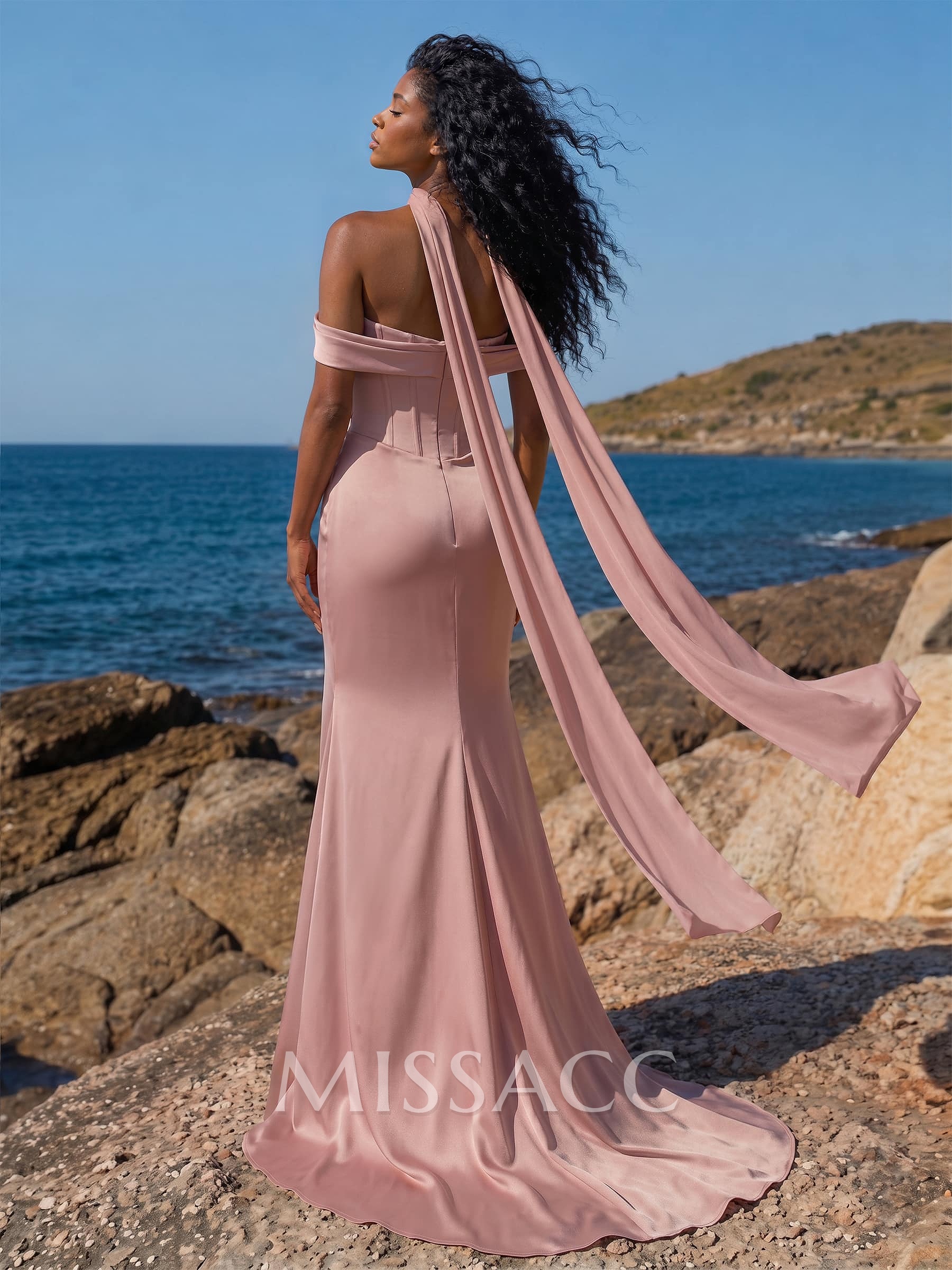 Sheath/Column Off-The-Shoulder Sleeveless Sweep Train Stretch Satin Special Bridesmaid Dresses With High Split