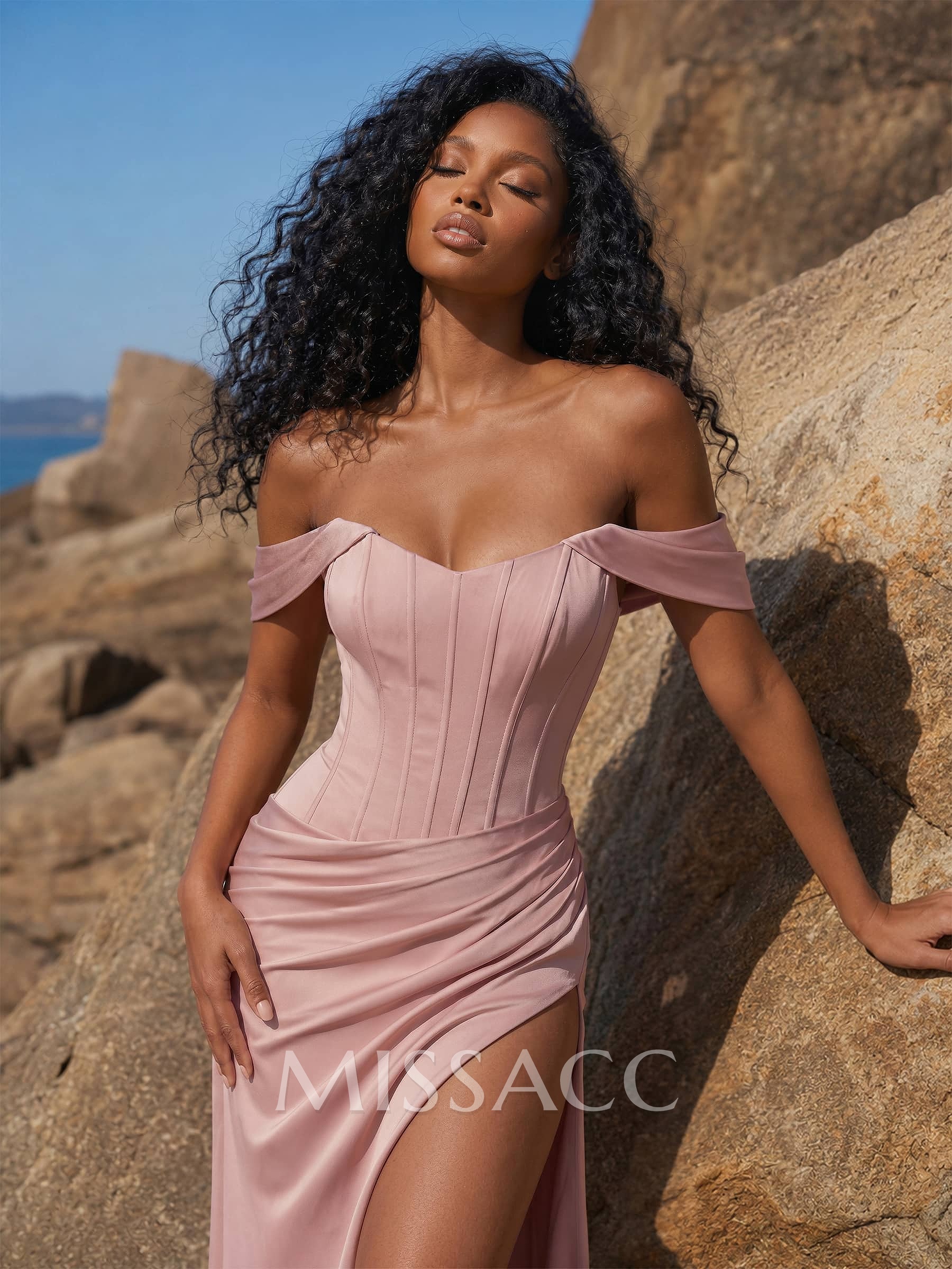 Sheath/Column Off-The-Shoulder Sleeveless Sweep Train Stretch Satin Special Bridesmaid Dresses With High Split