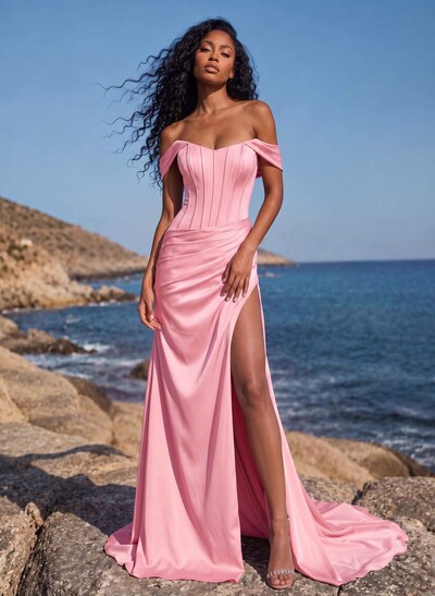 Sheath/Column Off-The-Shoulder Sleeveless Sweep Train Stretch Satin Special Bridesmaid Dresses With High Split