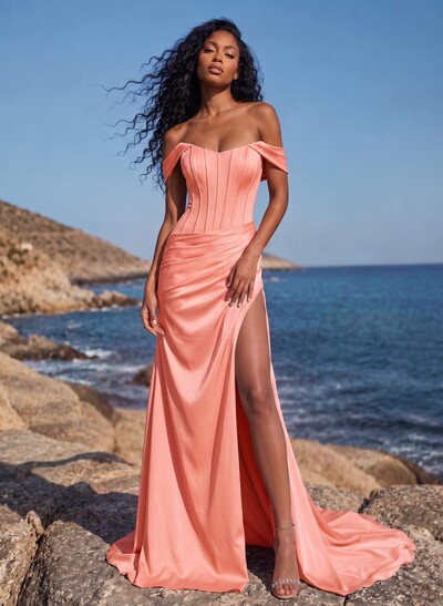 Sheath/Column Off-The-Shoulder Sleeveless Sweep Train Stretch Satin Special Bridesmaid Dresses With High Split