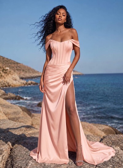 Sheath/Column Off-The-Shoulder Sleeveless Sweep Train Stretch Satin Special Bridesmaid Dresses With High Split