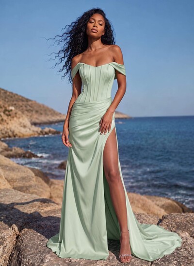 Sheath/Column Off-The-Shoulder Sleeveless Sweep Train Stretch Satin Special Bridesmaid Dresses With High Split