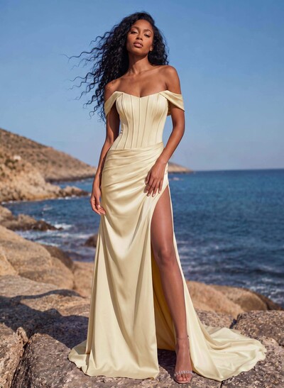 Sheath/Column Off-The-Shoulder Sleeveless Stretch Satin Bridesmaid Dress With Sweep Train And High Split