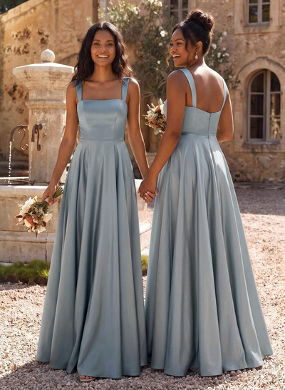Elegant A-Line Square Neckline Regular Straps Sleeveless Floor-Length Satin Bridesmaid Dresses