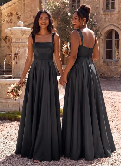 Elegant A-Line Square Neckline Sleeveless Floor-Length Satin Bridesmaid Dresses