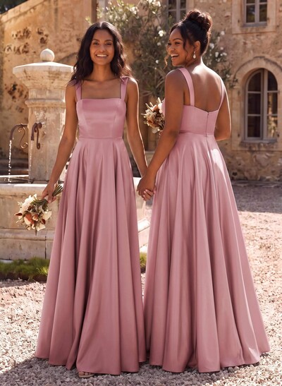 Elegant A-Line Square Neck Sleeveless Maxi Satin Bridesmaid Dresses