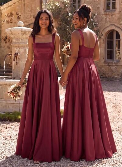 Elegant A-Line Square Neckline Regular Straps Sleeveless Floor-Length Satin Bridesmaid Dresses
