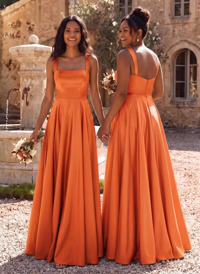 Elegant A-Line Square Neckline Regular Straps Sleeveless Floor-Length Satin Bridesmaid Dresses