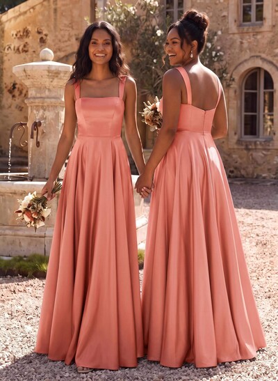 Elegant A-Line Square Neckline Regular Straps Sleeveless Floor-Length Satin Bridesmaid Dresses