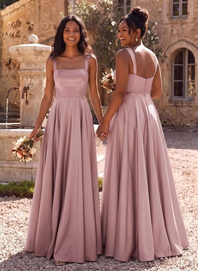 Elegant A-Line Square Neckline Regular Straps Sleeveless Floor-Length Satin Bridesmaid Dresses