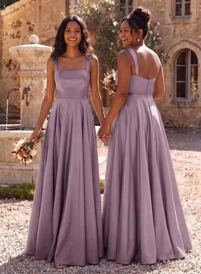 Elegant A-Line Square Neck Sleeveless Floor-Length Satin Bridesmaid Dresses