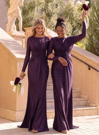 Sheath/Column Scoop Neck Long Sleeves Sweep Train Stretch Satin Bridesmaid Dresses