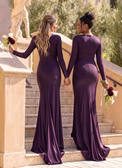 Sheath/Column Scoop Neck Long Sleeves Sweep Train Stretch Satin Bridesmaid Dresses