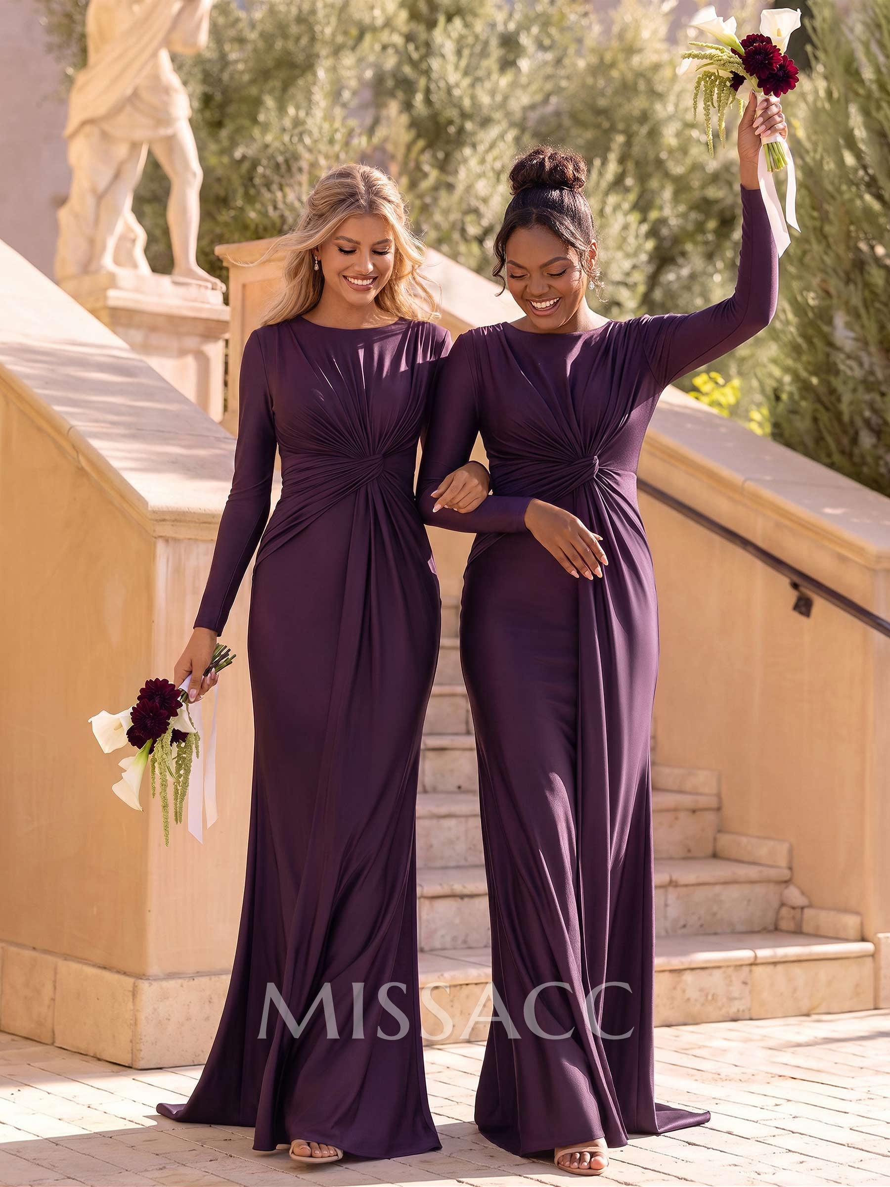 Sheath/Column Scoop Neck Long Sleeves Sweep Train Stretch Satin Bridesmaid Dresses