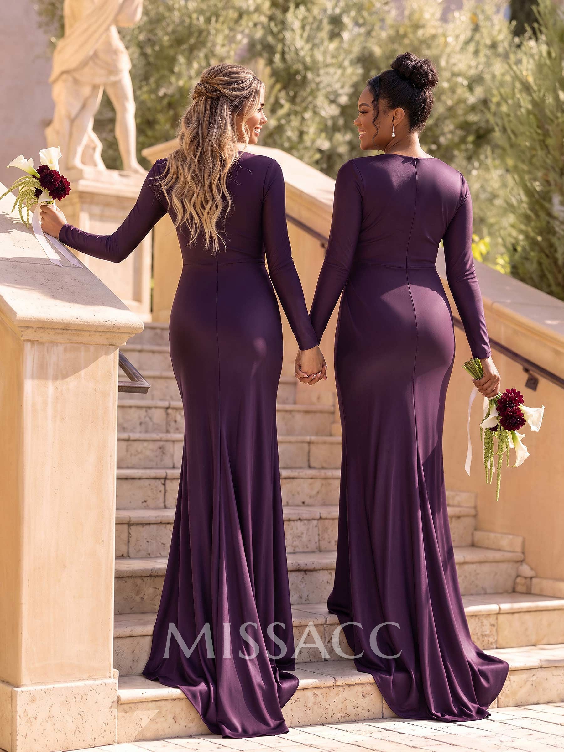 Sheath/Column Scoop Neck Long Sleeves Sweep Train Stretch Satin Bridesmaid Dresses