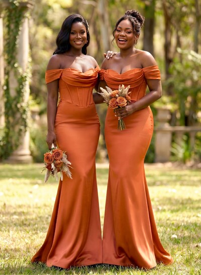 Elegant Trumpet/Mermaid Off-The-Shoulder Sleeveless Sweep Train Satin Bridesmaid Dresses