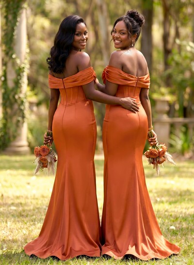 Elegant Trumpet/Mermaid Off-The-Shoulder Sleeveless Sweep Train Satin Bridesmaid Dresses