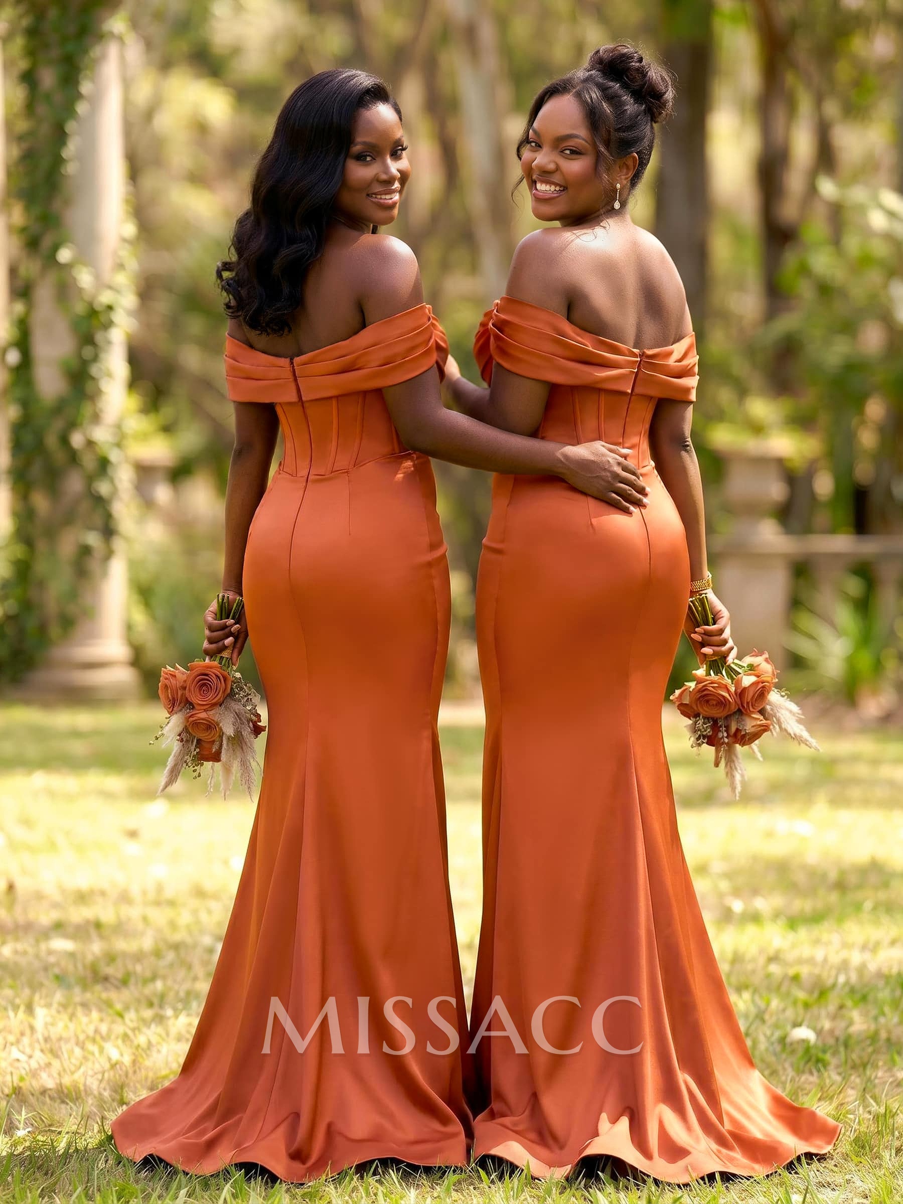 Elegant Trumpet/Mermaid Off-The-Shoulder Sleeveless Sweep Train Satin Bridesmaid Dresses