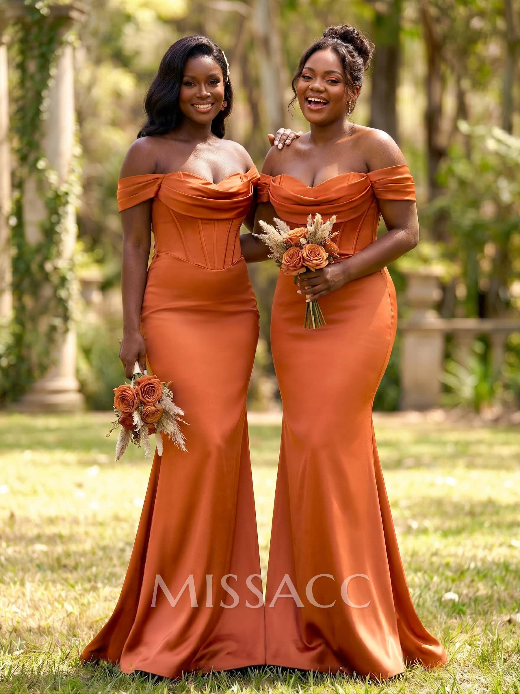 Elegant Trumpet/Mermaid Off-The-Shoulder Sleeveless Sweep Train Satin Bridesmaid Dresses