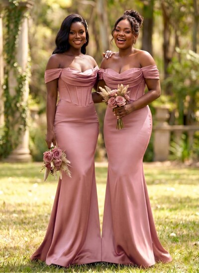 Elegant Trumpet/Mermaid Off-The-Shoulder Sleeveless Sweep Train Satin Bridesmaid Dresses