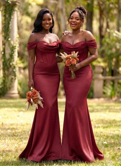 Elegant Trumpet/Mermaid Off-The-Shoulder Sleeveless Sweep Train Satin Bridesmaid Dresses