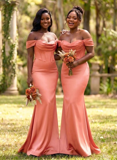 Elegant Trumpet/Mermaid Off-The-Shoulder Sleeveless Sweep Train Satin Bridesmaid Dresses