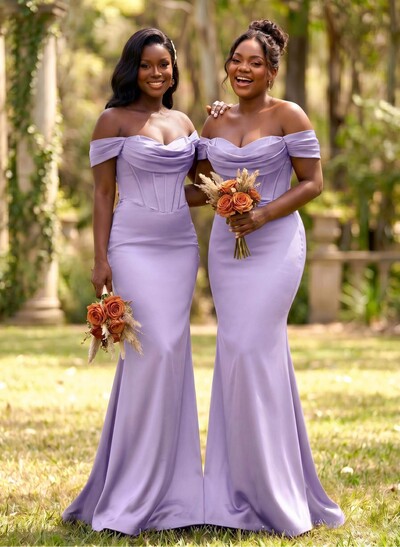 Elegant Trumpet/Mermaid Off-The-Shoulder Sleeveless Sweep Train Satin Bridesmaid Dresses