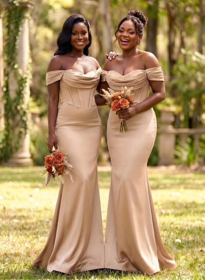Elegant Trumpet/Mermaid Off-The-Shoulder Sleeveless Sweep Train Satin Bridesmaid Dresses