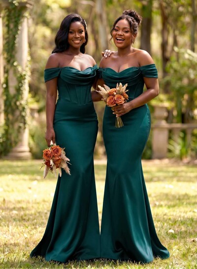 Elegant Trumpet/Mermaid Off-The-Shoulder Sleeveless Sweep Train Satin Bridesmaid Dresses