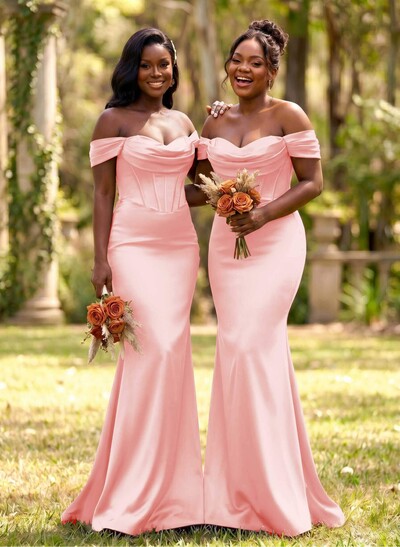 Elegant Trumpet/Mermaid Off-The-Shoulder Sleeveless Sweep Train Satin Bridesmaid Dresses