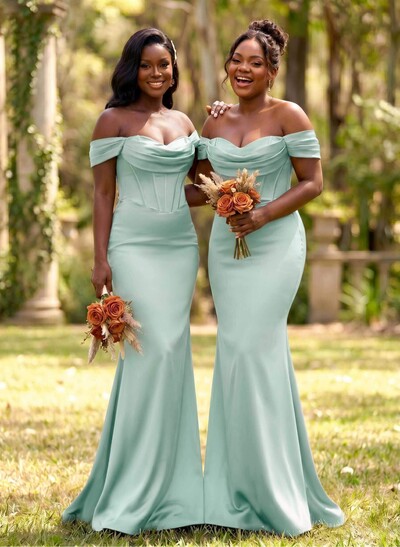 Elegant Trumpet/Mermaid Off-The-Shoulder Sleeveless Sweep Train Satin Bridesmaid Dresses