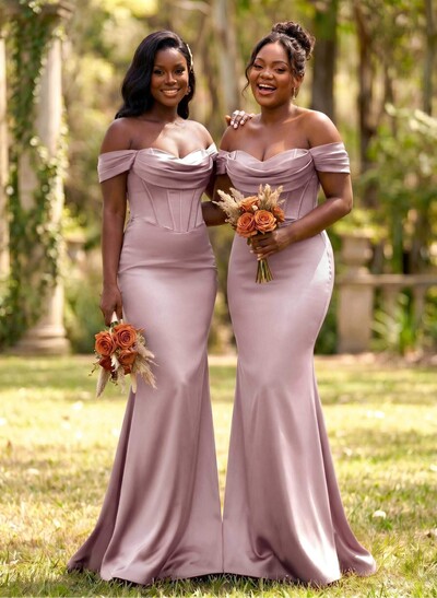 Elegant Trumpet/Mermaid Off-The-Shoulder Sleeveless Sweep Train Satin Bridesmaid Dresses