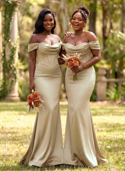 Elegant Trumpet/Mermaid Off-The-Shoulder Sleeveless Sweep Train Satin Bridesmaid Dresses
