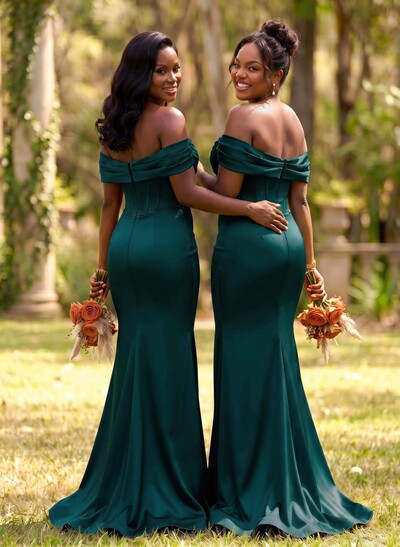 Elegant Trumpet/Mermaid Off-The-Shoulder Sleeveless Sweep Train Satin Bridesmaid Dresses