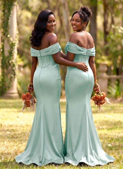 Elegant Trumpet/Mermaid Off-The-Shoulder Sleeveless Sweep Train Satin Bridesmaid Dresses