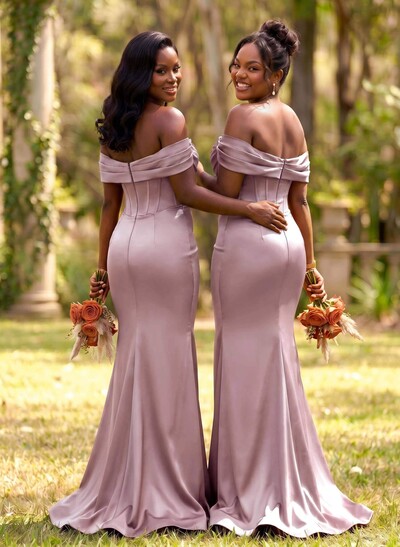 Elegant Trumpet/Mermaid Off-The-Shoulder Sleeveless Sweep Train Satin Bridesmaid Dresses