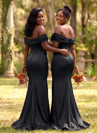 Elegant Trumpet/Mermaid Off-The-Shoulder Sleeveless Sweep Train Satin Bridesmaid Dresses